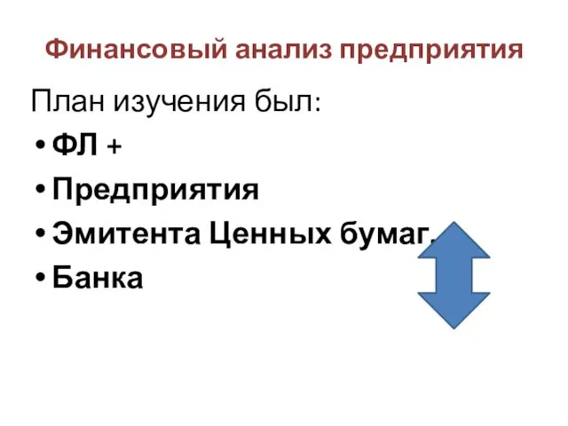 Финансовый анализ предприятия План изучения был: ФЛ + Предприятия Эмитента Ценных бумаг. Банка