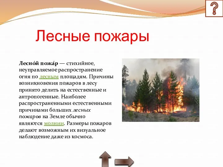 Лесные пожары Лесно́й пожа́р — стихийное, неуправляемое распространение огня по