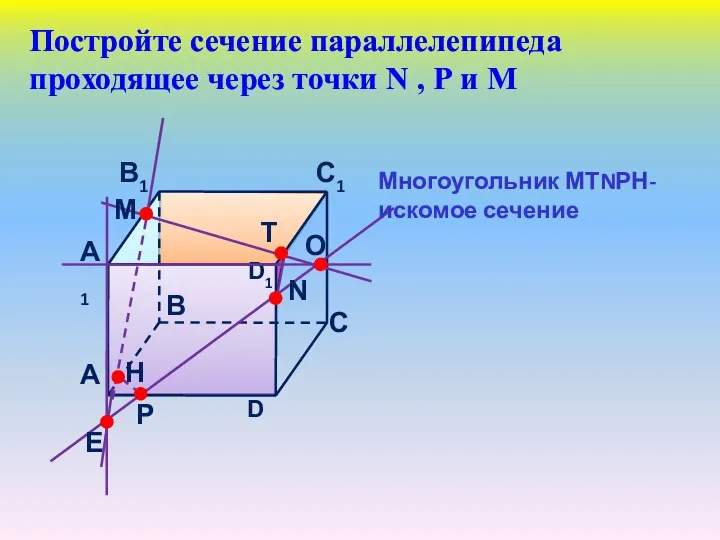 Постройте сечение параллелепипеда проходящее через точки N , Р и М Многоугольник МТNРН- искомое сечение