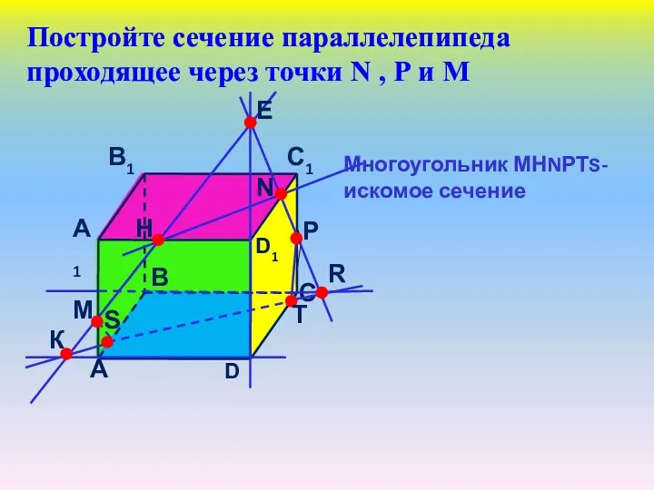 Постройте сечение параллелепипеда проходящее через точки N , Р и М Многоугольник МНNРТS- искомое сечение