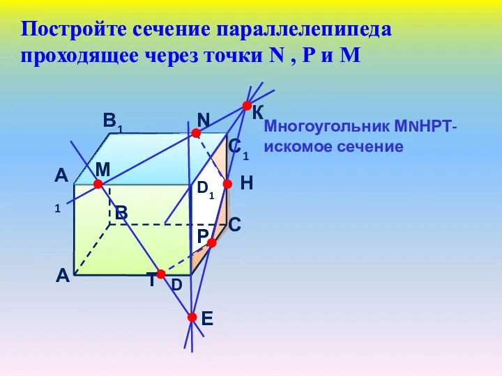 Постройте сечение параллелепипеда проходящее через точки N , Р и М Многоугольник МNНРТ- искомое сечение
