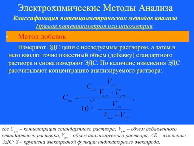 Электрохимические Методы Анализа Классификация потенциометрических методов анализа Метод добавок Прямая