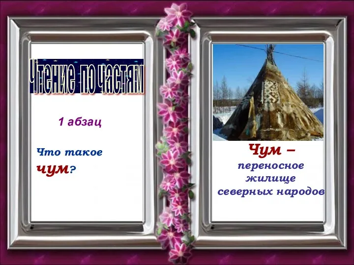 Чтение по частям Что такое чум? Чум – переносное жилище северных народов 1 абзац