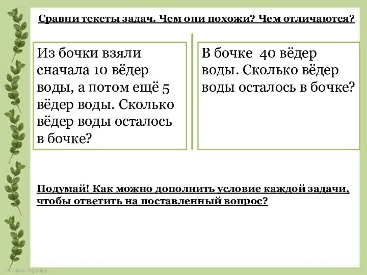 Сравни тексты задач. Чем они похожи? Чем отличаются? Из бочки