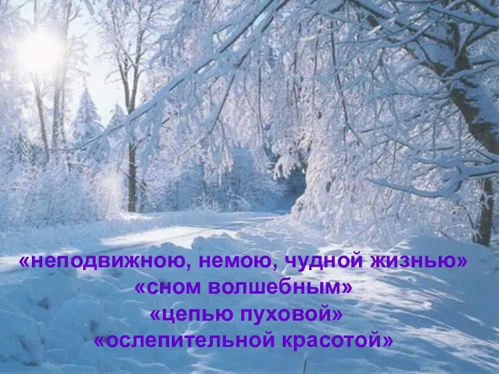 «неподвижною, немою, чудной жизнью» «сном волшебным» «цепью пуховой» «ослепительной красотой»