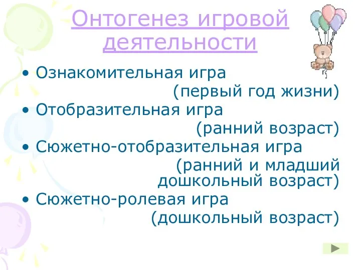 Онтогенез игровой деятельности Ознакомительная игра (первый год жизни) Отобразительная игра