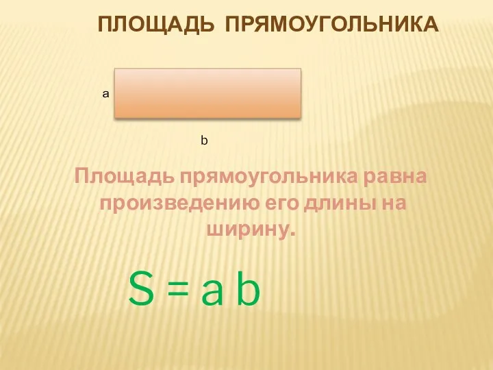 Площадь прямоугольника а b Площадь прямоугольника равна произведению его длины на ширину. S = a b