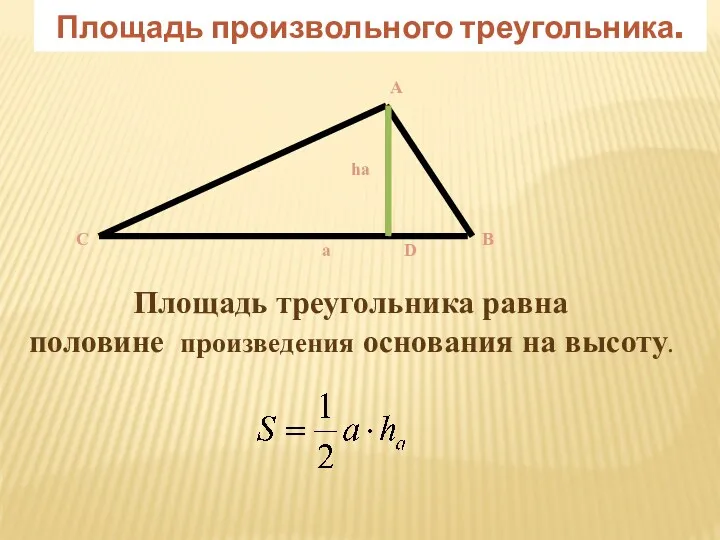 Площадь произвольного треугольника. А a B C D ha Площадь