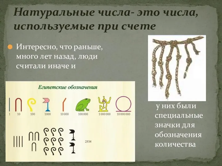 Натуральные числа- это числа, используемые при счете у них были