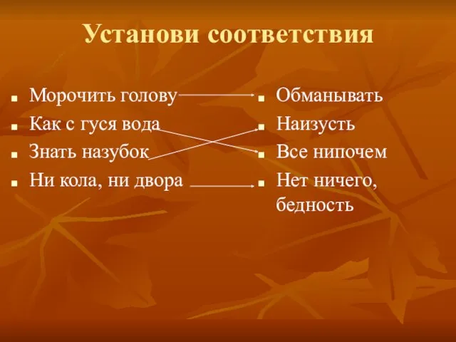 Установи соответствия Морочить голову Как с гуся вода Знать назубок