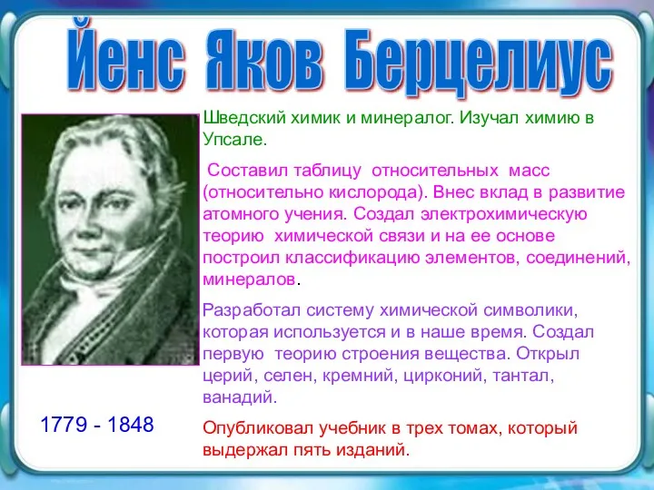 1779 - 1848 Йенс Яков Берцелиус 1779 - 1848 Шведский