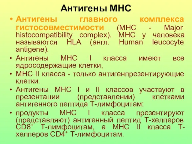 Антигены МНС Антигены главного комплекса гистосовместимости (МНС - Major histоcompatibility