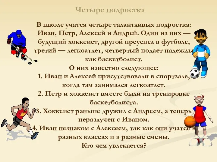 Четыре подростка В школе учатся четыре талантливых подростка: Иван, Петр,