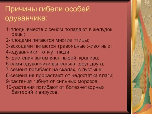 Причины гибели особей одуванчика: 1-плоды вместе с сеном попадают в