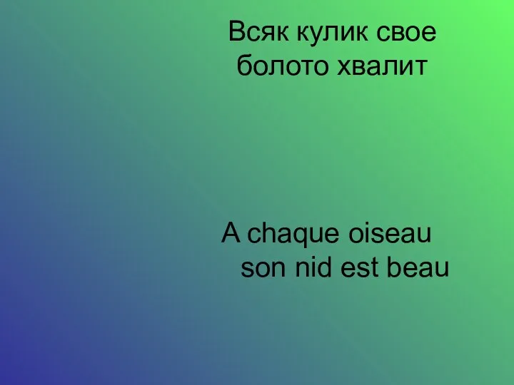 Всяк кулик свое болото хвалит A chaque oiseau son nid est beau