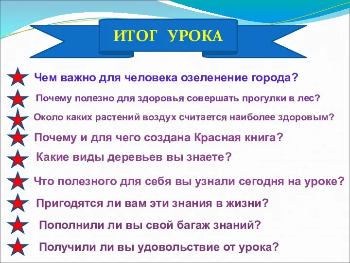 ИТОГ УРОКА Чем важно для человека озеленение города? Почему полезно