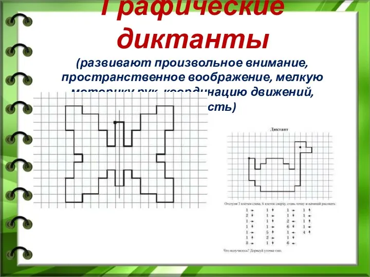 Графические диктанты (развивают произвольное внимание, пространственное воображение, мелкую моторику рук, координацию движений, усидчивость)