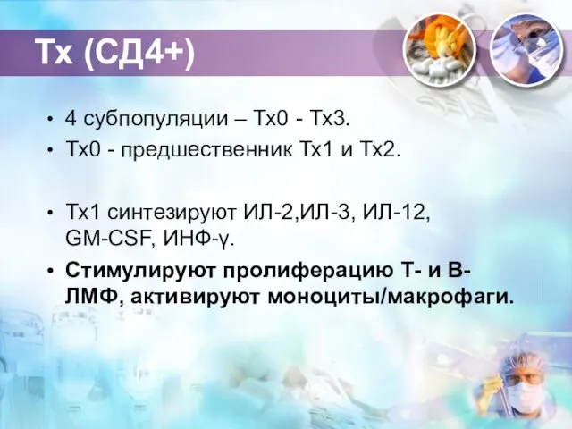 Тх (СД4+) 4 субпопуляции – Тх0 - Тх3. Тх0 -