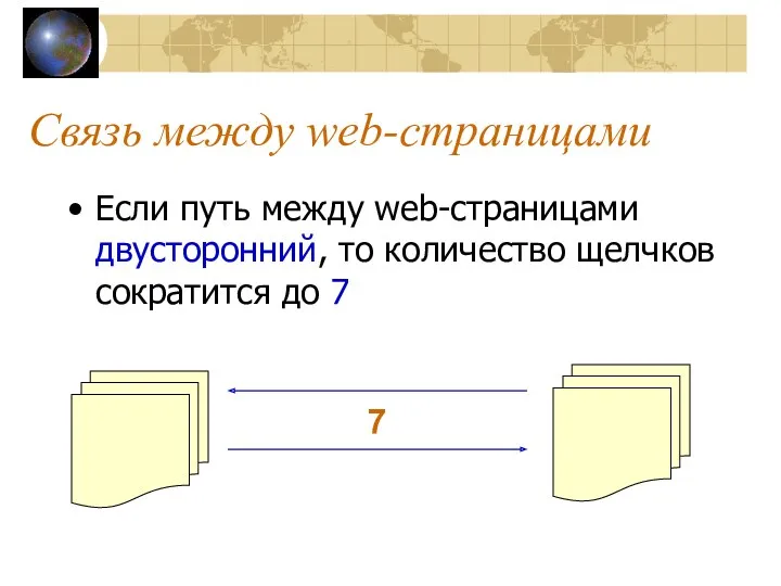 Связь между web-страницами Если путь между web-страницами двусторонний, то количество щелчков сократится до 7 7