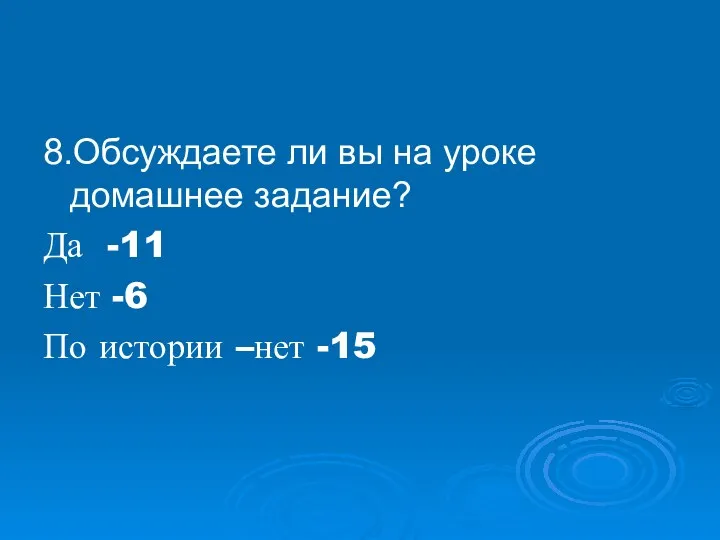 8.Обсуждаете ли вы на уроке домашнее задание? Да -11 Нет -6 По истории –нет -15