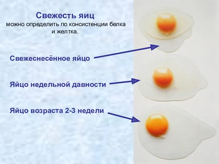 Свежесть яиц можно определить по консистенции белка и желтка. Свежеснесённое яйцо Яйцо недельной
