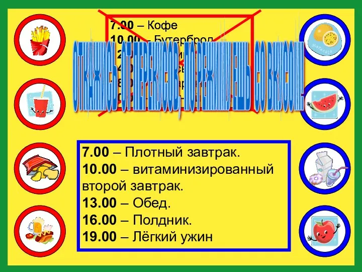 7.00 – Кофе 10.00 – Бутерброд 12.00 - Доширак 14.00