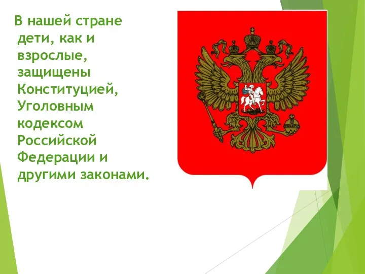 В нашей стране дети, как и взрослые, защищены Конституцией, Уголовным кодексом Российской Федерации и другими законами.