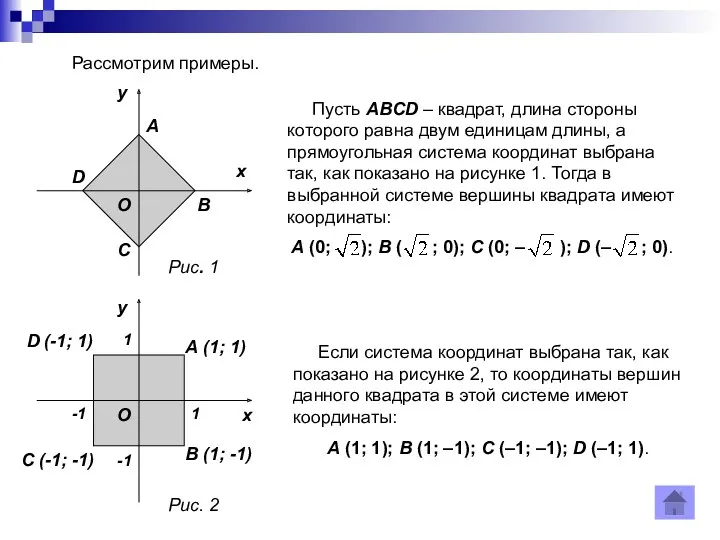 Рассмотрим примеры. Пусть ABCD – квадрат, длина стороны которого равна