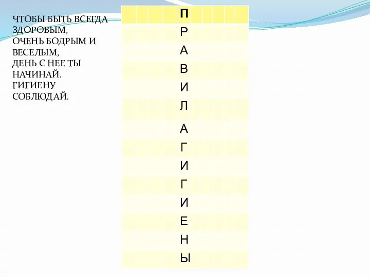 ЧТОБЫ БЫТЬ ВСЕГДА ЗДОРОВЫМ, ОЧЕНЬ БОДРЫМ И ВЕСЕЛЫМ, ДЕНЬ С НЕЕ ТЫ НАЧИНАЙ. ГИГИЕНУ СОБЛЮДАЙ.