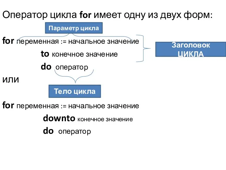 Оператор цикла for имеет одну из двух форм: for переменная