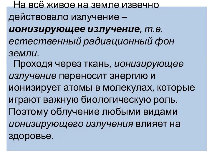 На всё живое на земле извечно действовало излучение – ионизирующее излучение, т.е. естественный