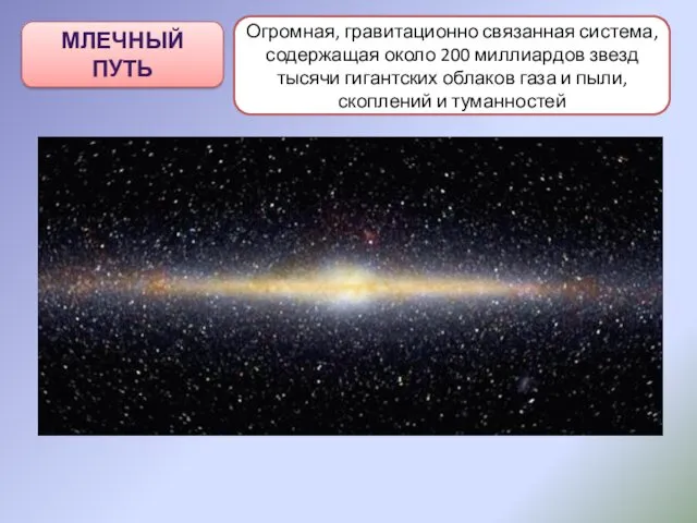 МЛЕЧНЫЙ ПУТЬ Огромная, гравитационно связанная система, содержащая около 200 миллиардов