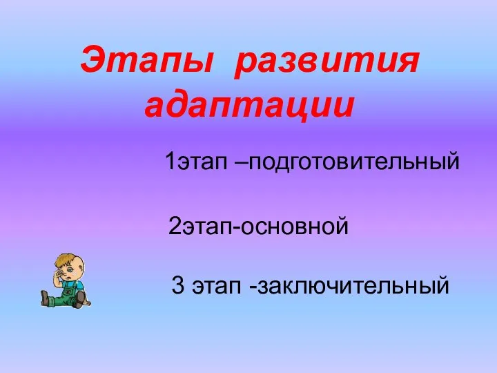 Этапы развития адаптации 1этап –подготовительный 2этап-основной 3 этап -заключительный