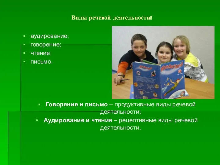 Виды речевой деятельности: аудирование; говорение; чтение; письмо. Говорение и письмо