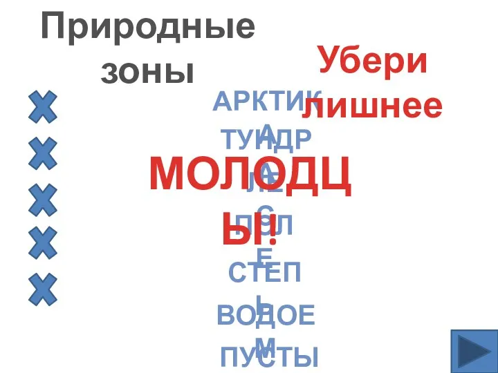 Арктика Тундра Лес Поле Степь Водоем Пустыня Убери лишнее Природные зоны МОЛОДЦЫ!