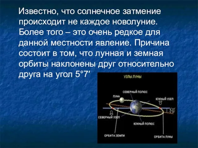 Известно, что солнечное затмение происходит не каждое новолуние. Более того