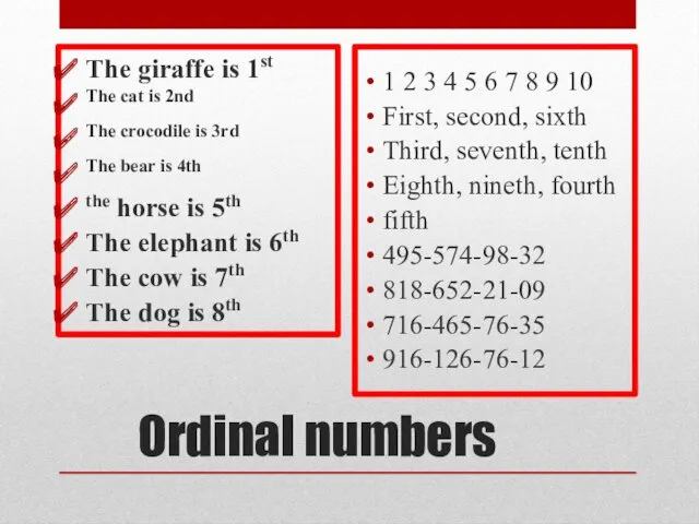 Ordinal numbers The giraffe is 1st The cat is 2nd