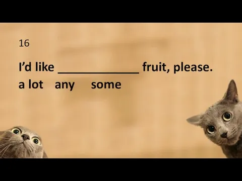 16 I’d like ____________ fruit, please. a lot any some