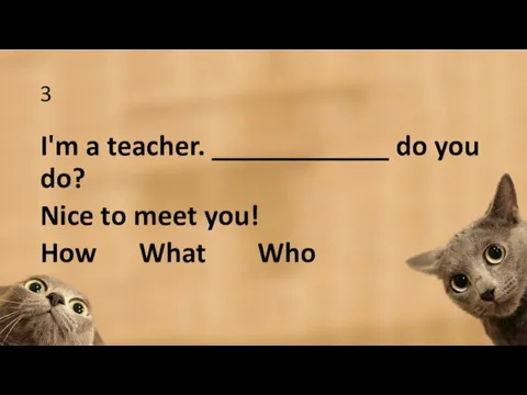 3 I'm a teacher. ____________ do you do? Nice to meet you! How What Who