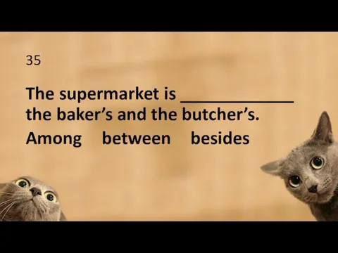 35 The supermarket is ____________ the baker’s and the butcher’s. Among between besides