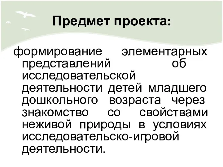 Предмет проекта: формирование элементарных представлений об исследовательской деятельности детей младшего