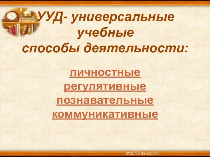 УУД- универсальные учебные способы деятельности: личностные регулятивные познавательные коммуникативные