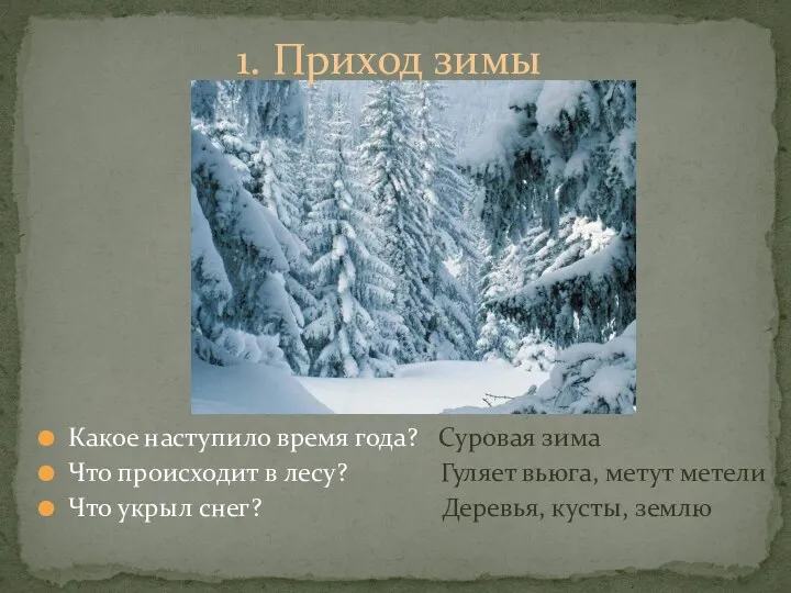 Какое наступило время года? Суровая зима Что происходит в лесу?