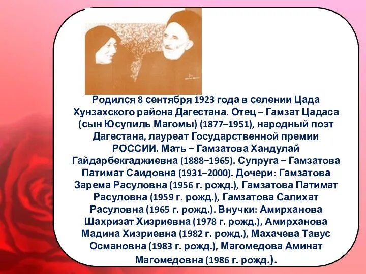 Родился 8 сентября 1923 года в селении Цада Хунзахского района Дагестана. Отец –