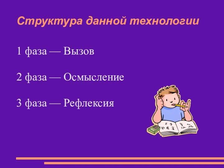 Структура данной технологии 1 фаза — Вызов 2 фаза — Осмысление 3 фаза — Рефлексия