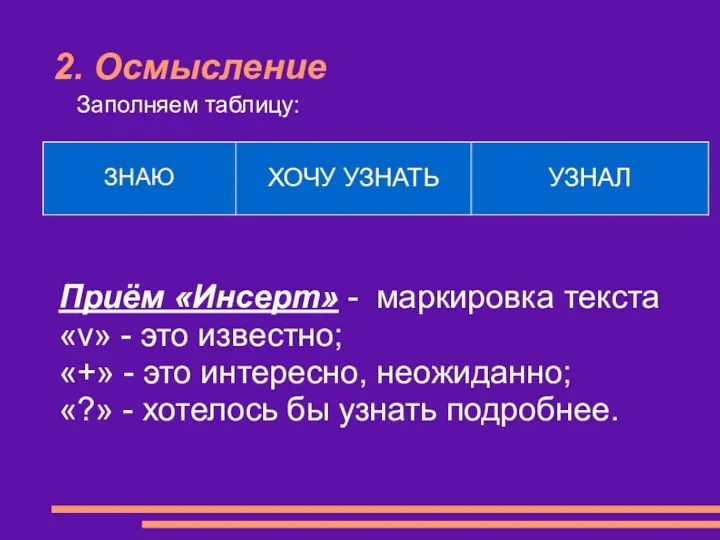 2. Осмысление Заполняем таблицу: Приём «Инсерт» - маркировка текста «v» - это известно;