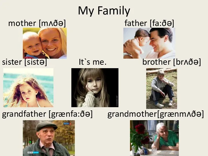 My Family mother [mᴧðə] father [fa:ðə] sister [sistə] It`s me. brother [brᴧðə] grandfather [grænfa:ðə] grandmother[grænmᴧðə]