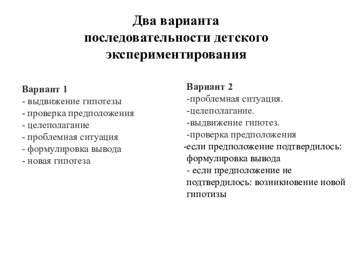 Вариант 1 - выдвижение гипотезы - проверка предположения - целеполагание