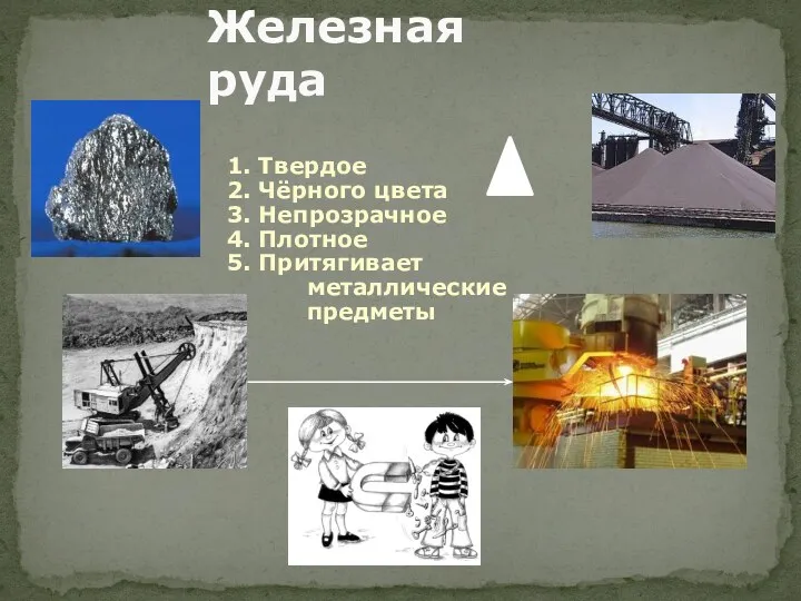 Железная руда 1. Твердое 2. Чёрного цвета 3. Непрозрачное 4. Плотное 5. Притягивает металлические предметы