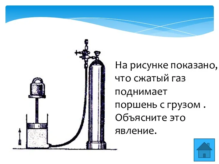 На рисунке показано, что сжатый газ поднимает поршень с грузом . Объясните это явление.